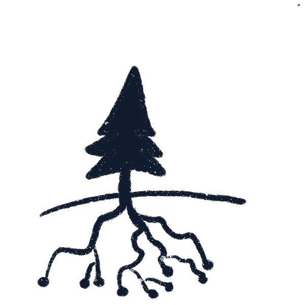 A simple black line drawing of a tree with a triangular canopy and roots that extend outward, resembling legs, on a green background symbolizes financial planning. | Future Advisory
